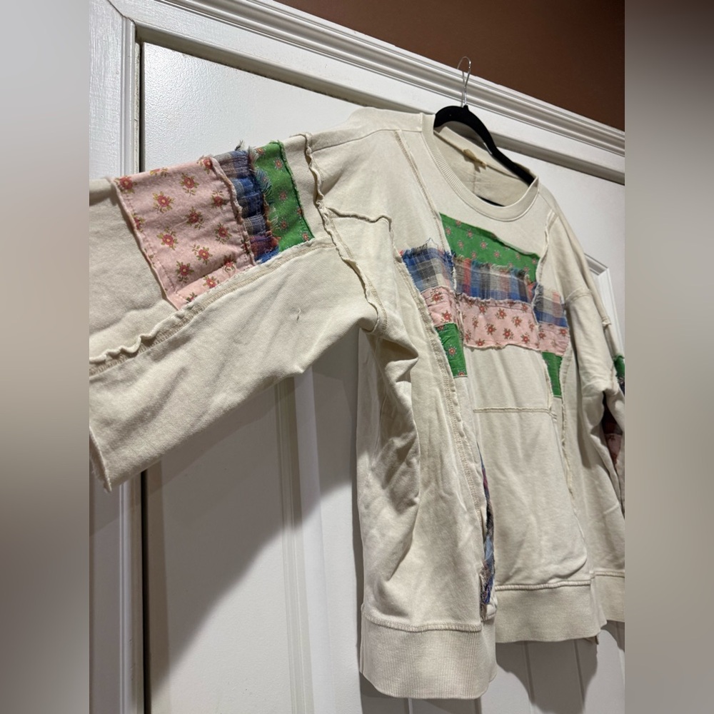 easel Cream Patchwork Pullover with Green, Pink & Blue Accents - Picture 3 of 7